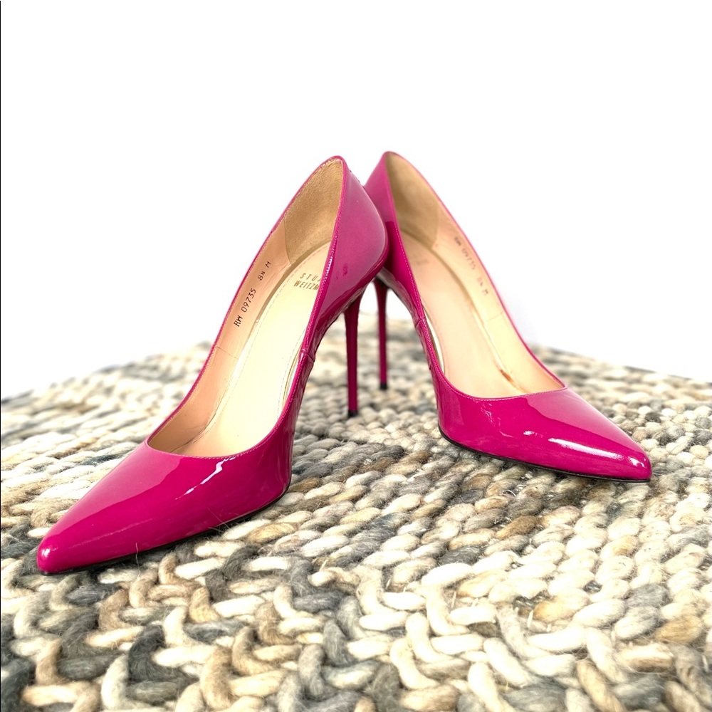 Stuart Weitzman, 8 1/2 M, pink patent leather pumps. Worn once - like new.